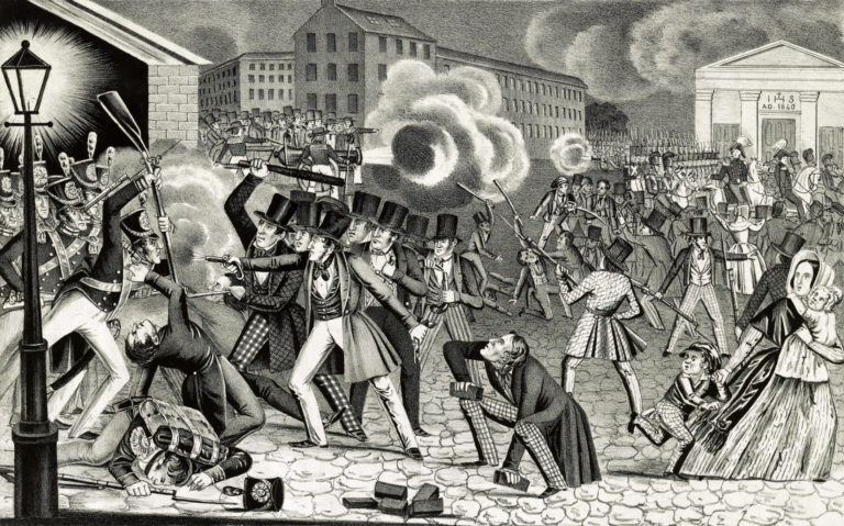 A black and white drawing of rioting in the city center of Philadelphia Riots in 1844 featuring a pitched battle between uniformed soldiers carrying rifles and top-hat wearing, pistol-toting civilians. Cannon smoke in the background, and in the foreground a woman clutching a baby girl and young child whom she is leading away from the violence. Also in the foreground, a civilian man takes up bricks to throw at the soldiers.